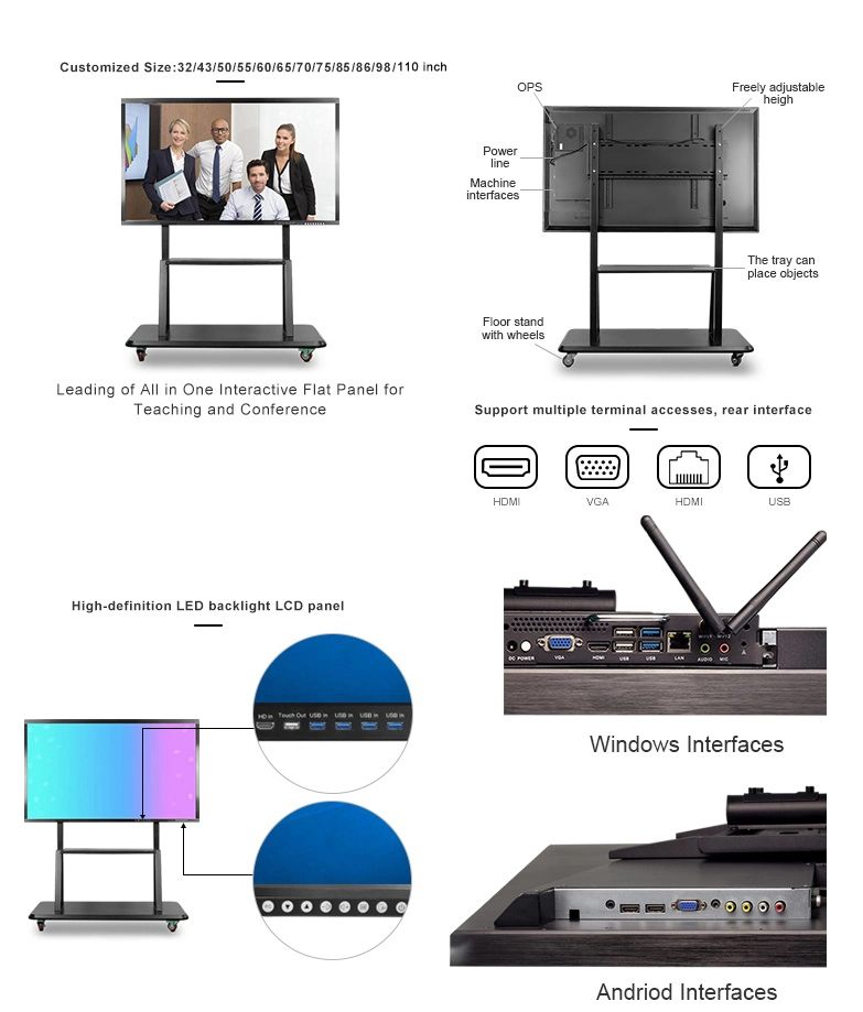 65 Inch 4K LCD Whiteboard Display Multi Touch Screen LED Electronic White Board All in One Smart Interactive Flat Panel for Office School Teaching