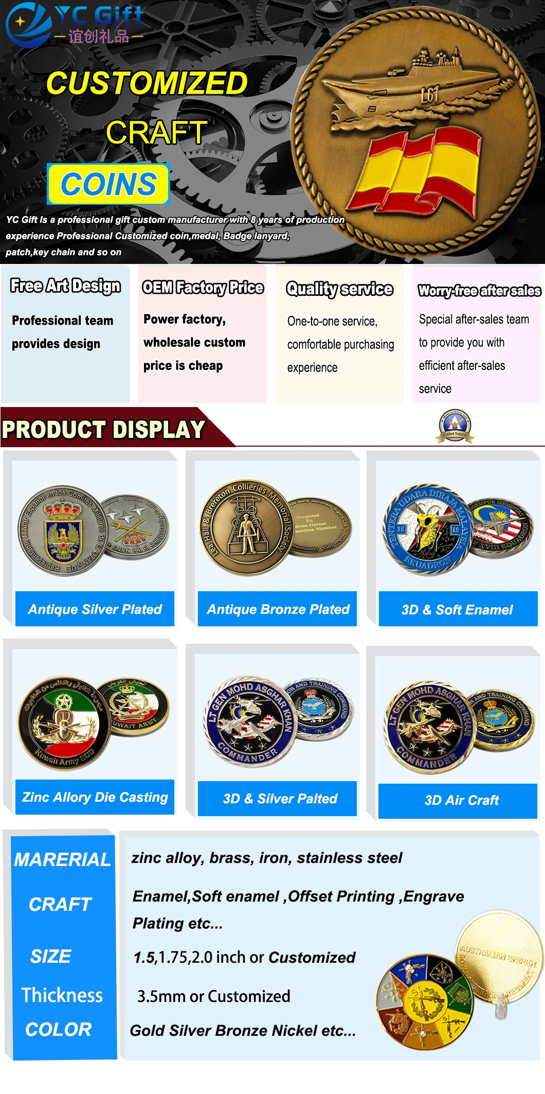 China Custom Plating Gold Police Uniform Badge Kuwait Military Tactical Gear PVC Rubber Patch Supplies Personalized Army Award Challenge Coins Metal Art Crafts