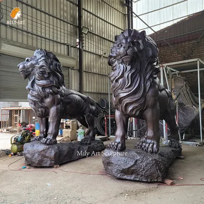 Full Size Metal Animal Outdoor Black Bronze Lion Couple Statues Craft