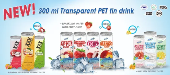 300ml Transparent Pet Tin Carbonated Drink Sparkling Water with Fruit Juice