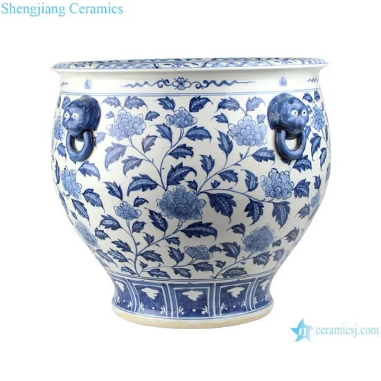 China Jingdezhen Blue and White Fishbowl Porcelain Planter with Lion Head Home Garden Ceramic Flower Pot Fish Pond