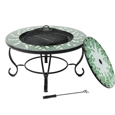 Outdoor Charcoal Glass Top Metal Table Round Fire Pit with Mesh Cover